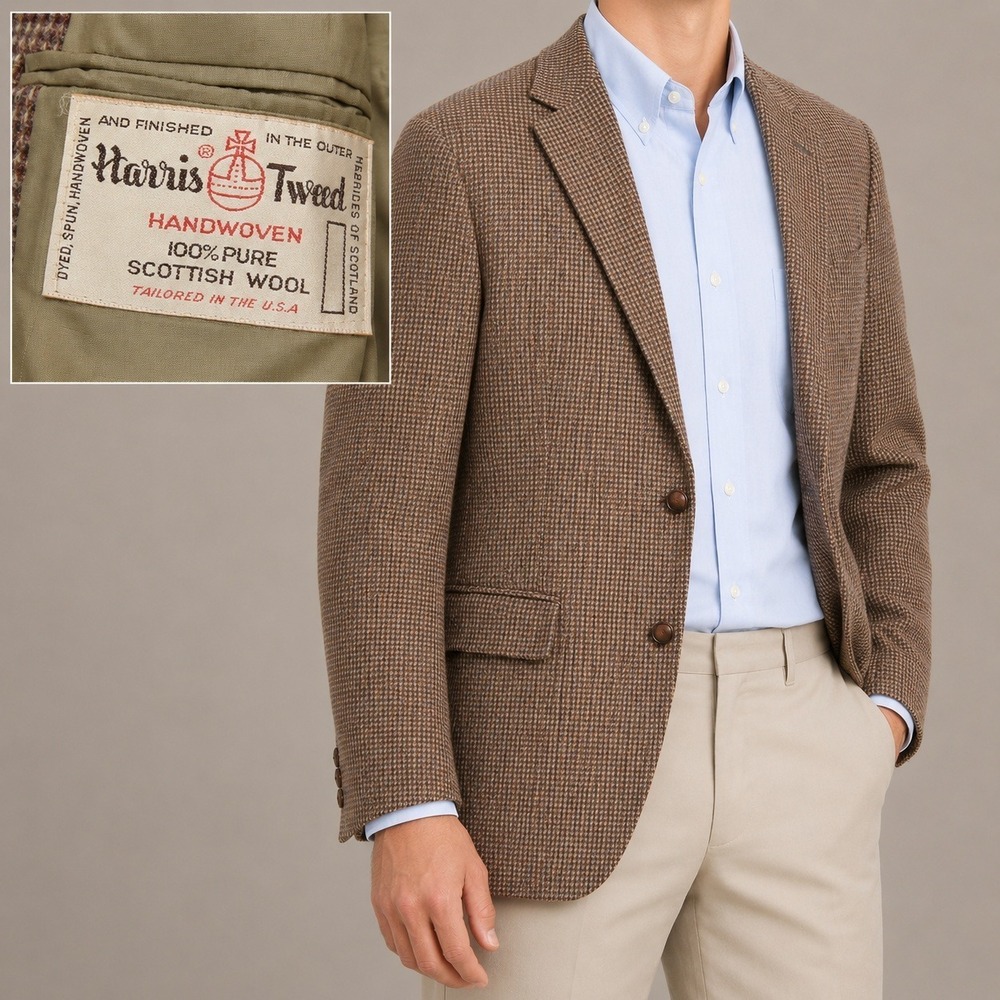 Harris Tweed Sport Coat Mens Large Brown Houndstooth Blazer Academia Preppy
